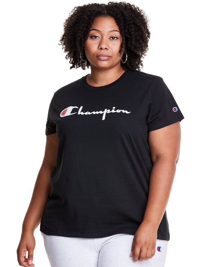 Champion Womens T-Shirt NZ - Plus Lightweight Script Logo Black ( 2150-NBZWG )